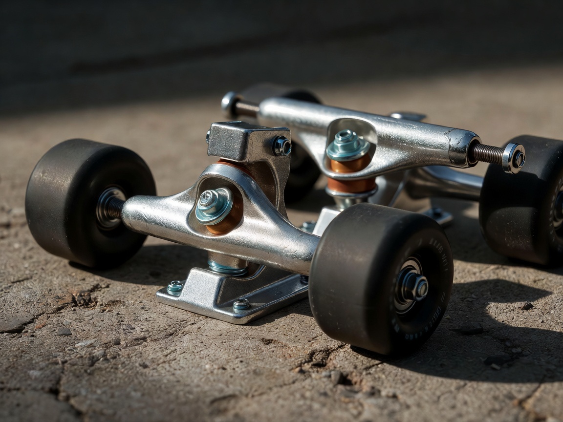 Close up of skateboard trucks and wheels