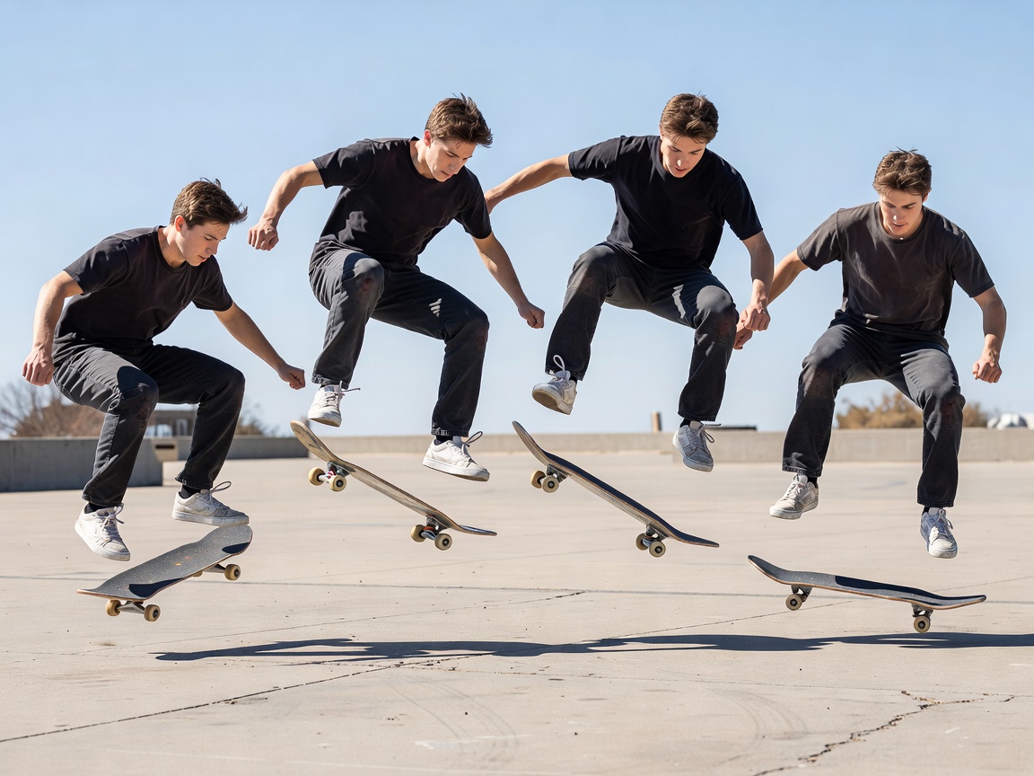 Mid-air kickflip captured in sequence