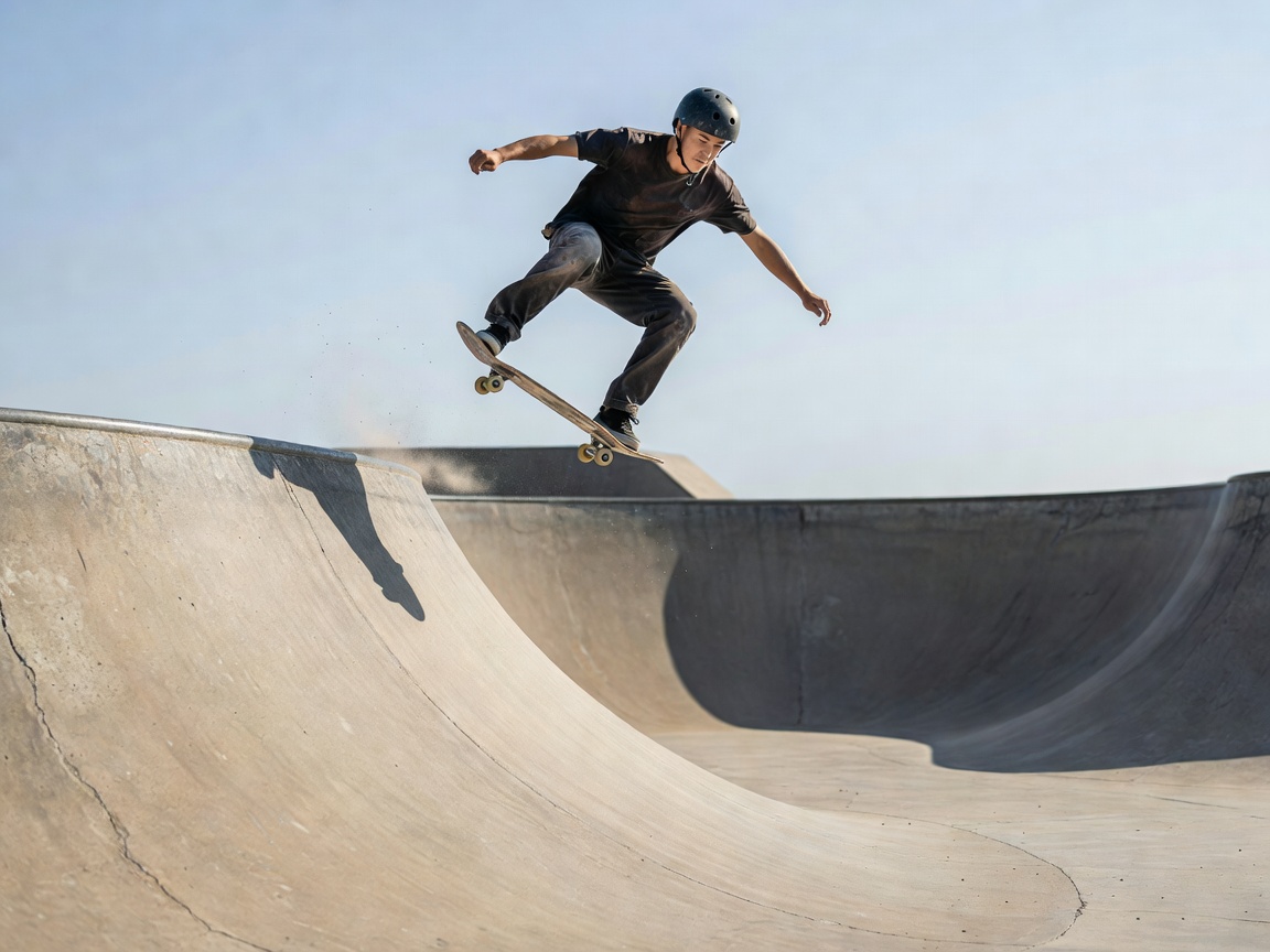 Skateboarder catching air in a concrete bowl