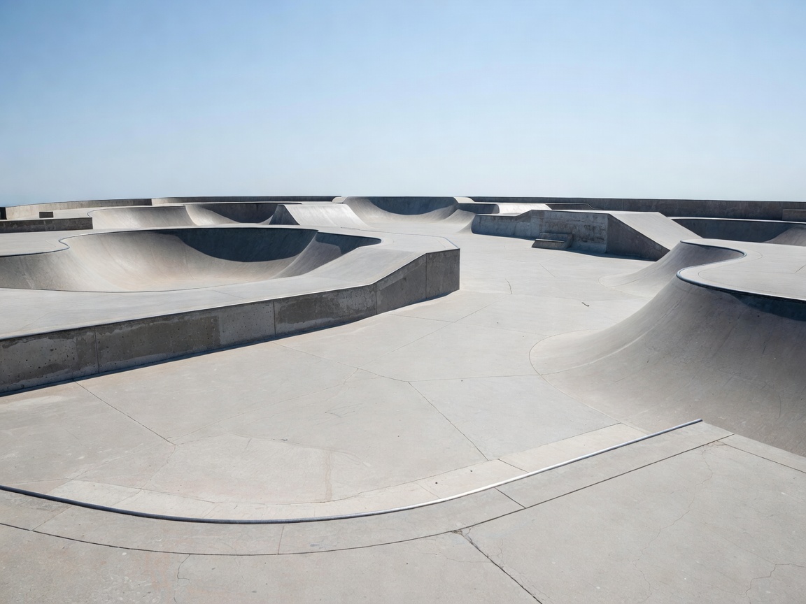 Wide angle view of an empty concrete skatepark